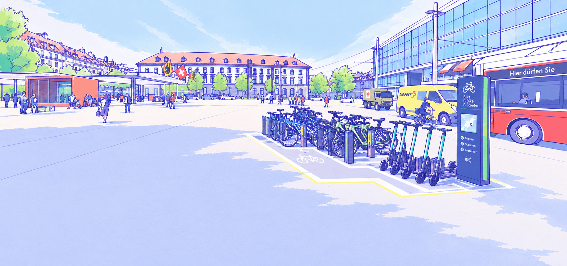 Ausleihstation mit Velos, E-Bikes und E-Scootern auf einem Platz in der Stadt